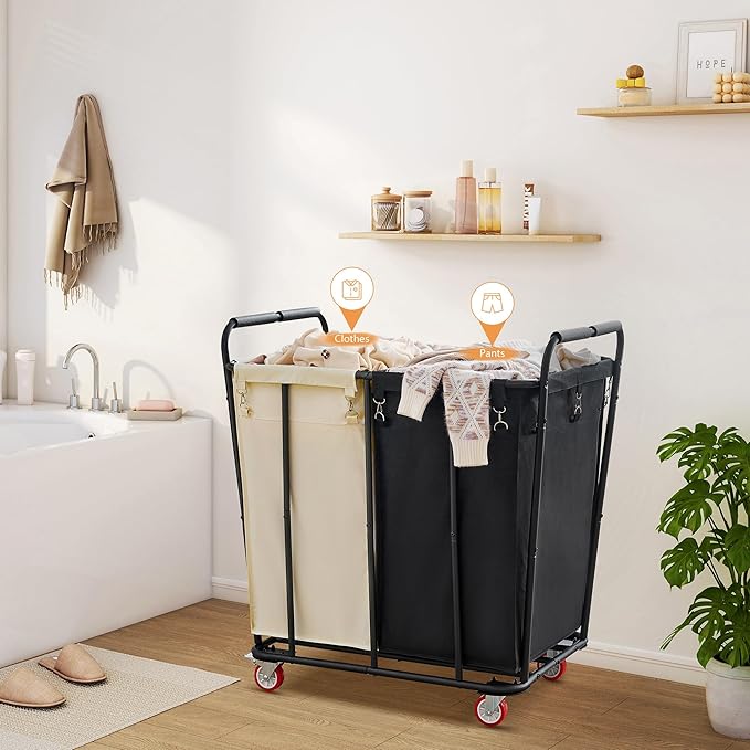 Hoctieon 2 Section Laundry Sorter Cart, 400L Rolling Hamper with Wheels, Industrial Laundry Basket Organizer, Extra Large Dirty Clothes Hamper for Home & Hotel, Heavy Duty, Black+Beige-NeatNest