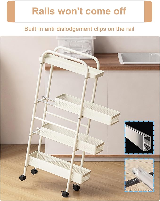 UMDONX Slim Storage Cart 4 Tier with Pull Out Basket Bathroom Organizer Rolling cart, Rolling Utility Cart Slide Out Organizer for Kitchen, Bathroom, Laundry White