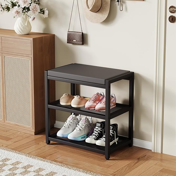ZHOOGE Small Shoe Bench Shoe Rack Storage Bench Entryway Bench Shoe Shelf with Seat Cushion, Stable Shoe Organizer for Entryway, Living Room, Bench Seat Holds Up to 300 lb, (17"x 10"x 16", L x W x H)-NeatNest
