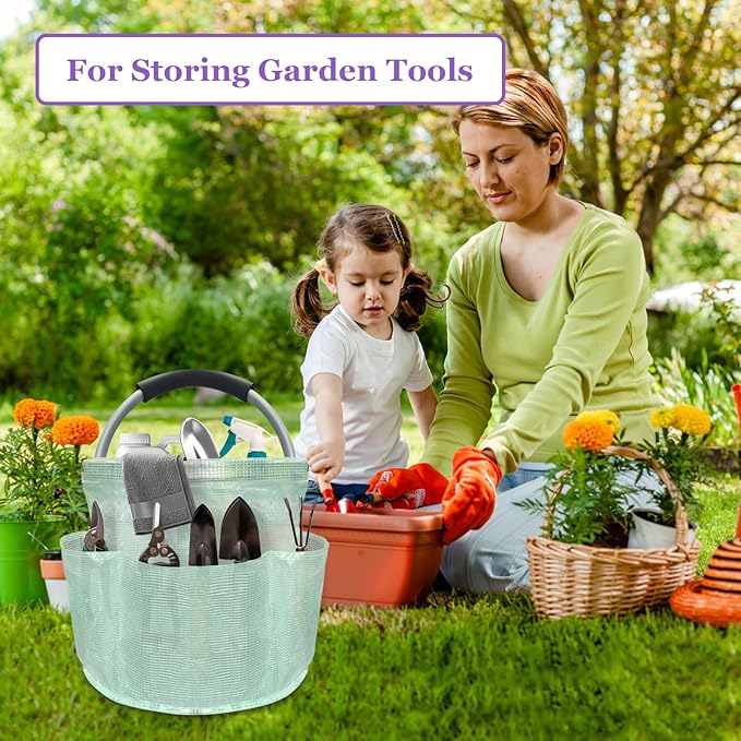 17L Cleaning Caddy for Cleaning Supplies, Foldable Tool Bucket Organizer with 6 Side Pockets, Portable Garden Tool Bag in PVC Resin, Folding Storage Basket for Camping, Gardening, Green-NeatNest