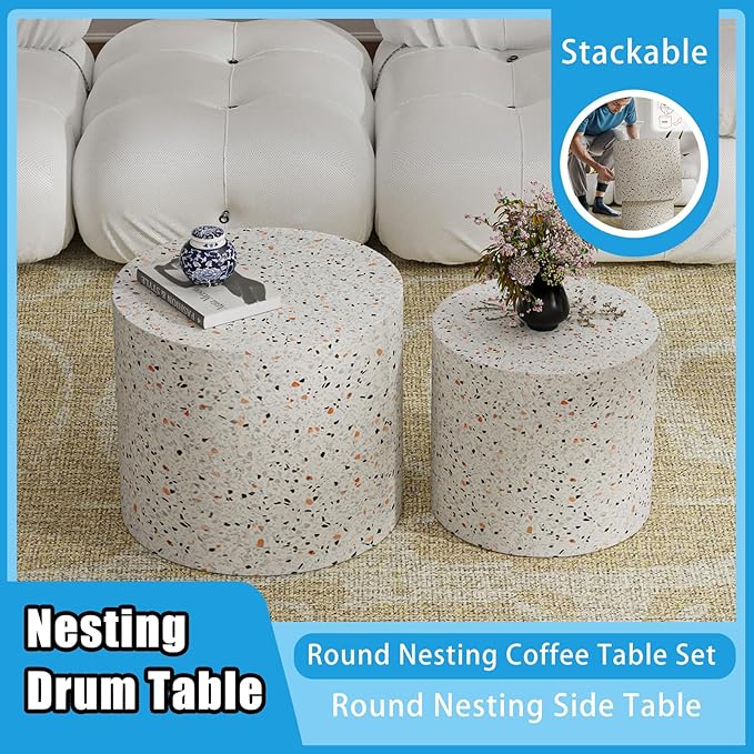 Nesting Coffee Table Set of 2, Modern Round Coffee Table with Non-Slip Feet, Wooden Circle Accent Tables for Small Spaces Living Room Bedroom Balcony Office Drum Side Table (C Terrazzo)