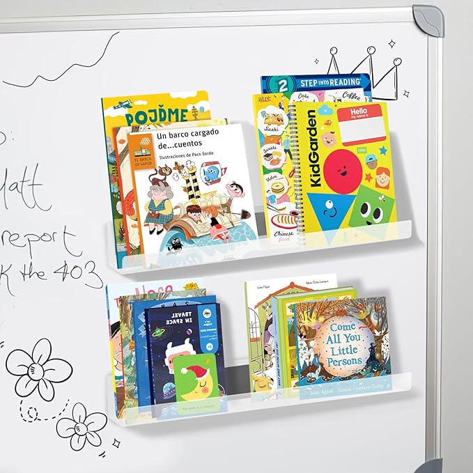 2 Pack Magnetic Book Shelf - Acrylic Reusable Display Panel for Whiteboards, Classrooms & Home, Adhesive-Free Storage with 11lb Capacity (Clear)