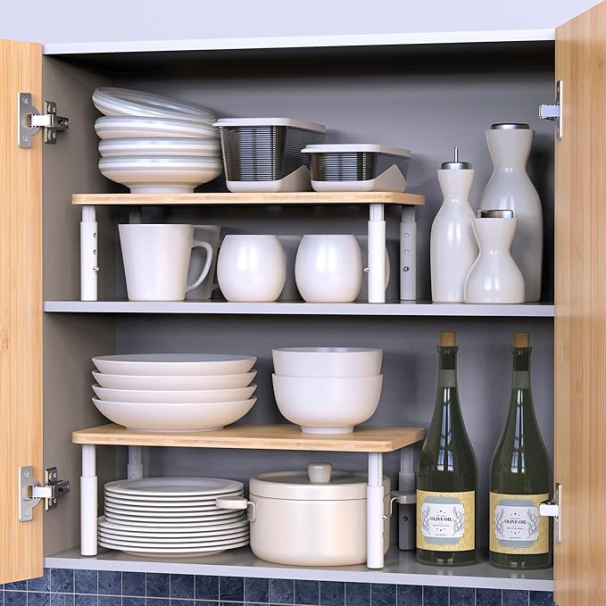 Cabinet Organizer Shelf, Spice Rack Set of 2 Kitchen Pantry Cupboard Shelves, Stackable, Height Adjustable, Natural Bamboo (15.6" Wx77.Dx6.57 H per Pack)-NeatNest