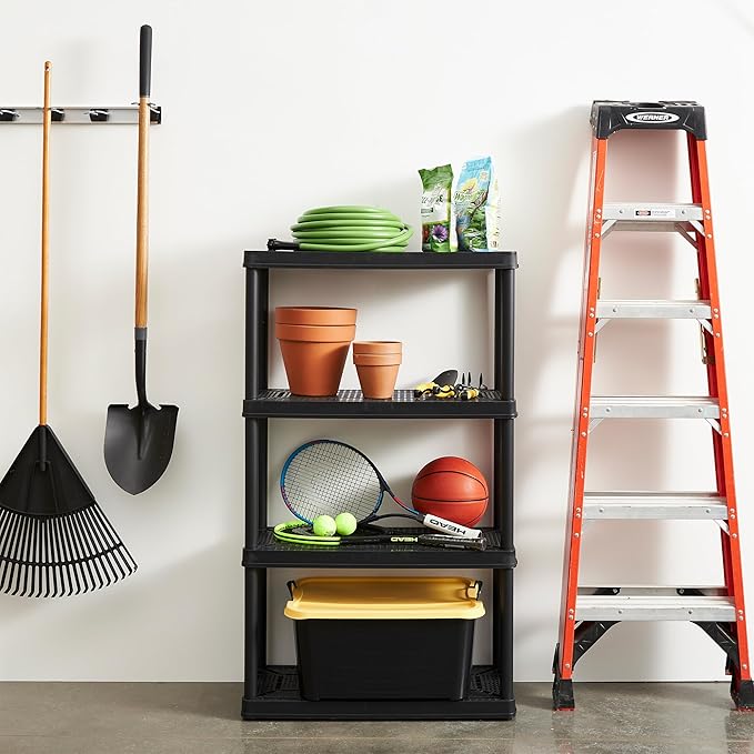 Gracious Living 4 Shelf Fixed Height Ventilated Medium Duty Storage Unit 14 x 32 x 54.5" Organizer System for Home, Garage, Basement, & Laundry, Black