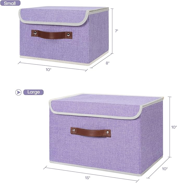 ANMINY 2PCS Storage Bins with Lid PU Leather Handles Storage Boxes PP Plastic Board Decorative Foldable Lidded Cotton Linen Fabric Home Cubes Baskets Closet Organizer Containers - Purple, Large Size-NeatNest