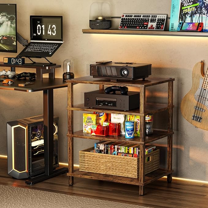 4-Tier AV Media Player Stand, Brown Stereo Cabinet, Modern Stereo Cabinet, Wooden TV Stand,Game Console Shelf, Multifunctional Entertainment Center, Suitable for Home, Conference Room, Game Studio-NeatNest