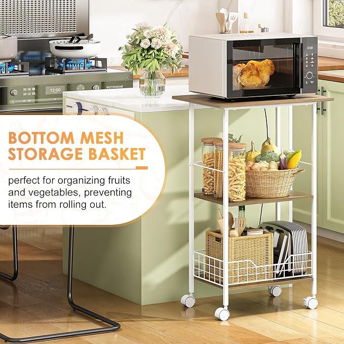 Microwave Cart with Storage, 3-Tier Rolling Kitchen Stand with Basket, Wood and Metal Utility Cart on Wheels, Coffee Bar Station, Small Baker’s Rack As Kitchen Island, Microwave Shelf Organizer, White