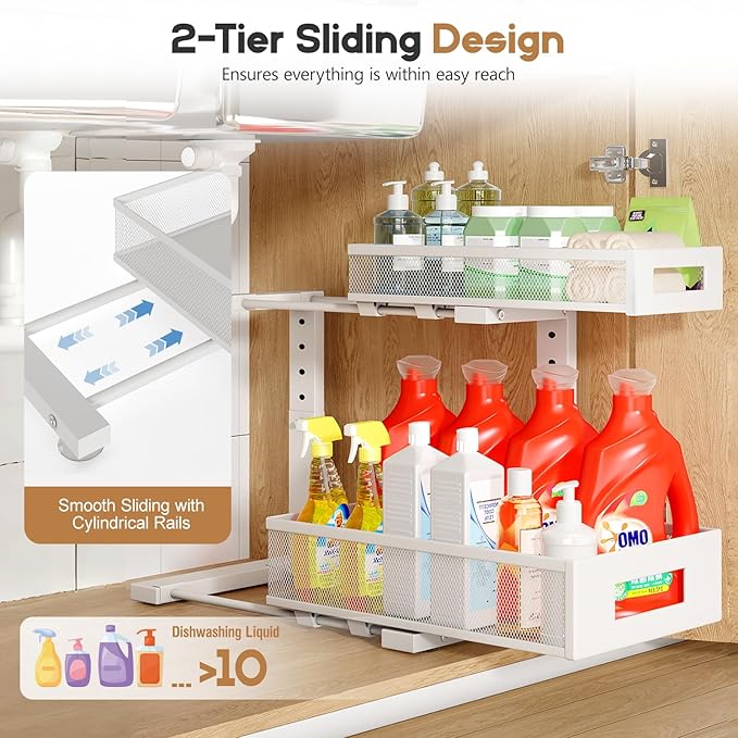 1 Pack-11.4"-16.14"H Under Sink Storage Organizer, Large 2-Tier Elegant Mesh Pull Out Shelf for Kitchen and Bathroom Cabinet Organization, L-Shaped and Adjustable Height Design for Maximum Space-White-NeatNest