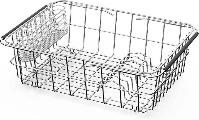 JAQ Dish Drainer in Sink Adjustable 14.96" to 20.59", Expandable 304 Stainless Steel Metal Dish Drying Rack Organizer with Stainless Steel Utensil Holder Over Inside Sink Counter