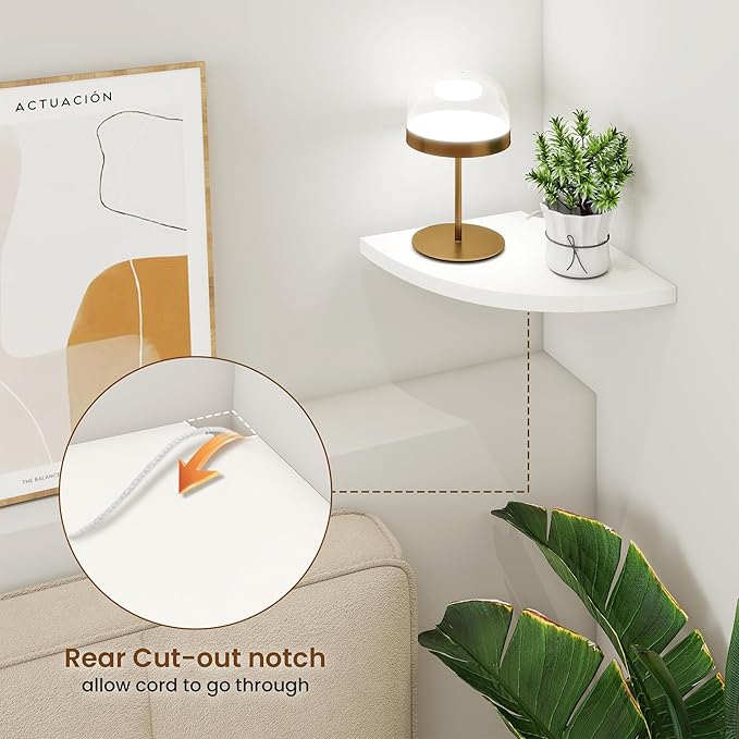 Fun Memories Corner Shelf Wall Mount Set of 2 - Solid Oak Wood Floating Corner Shelf with Cable Hole, 8.5in Rustic Design for Bedroom, Living Room, Kitchen (White)-NeatNest