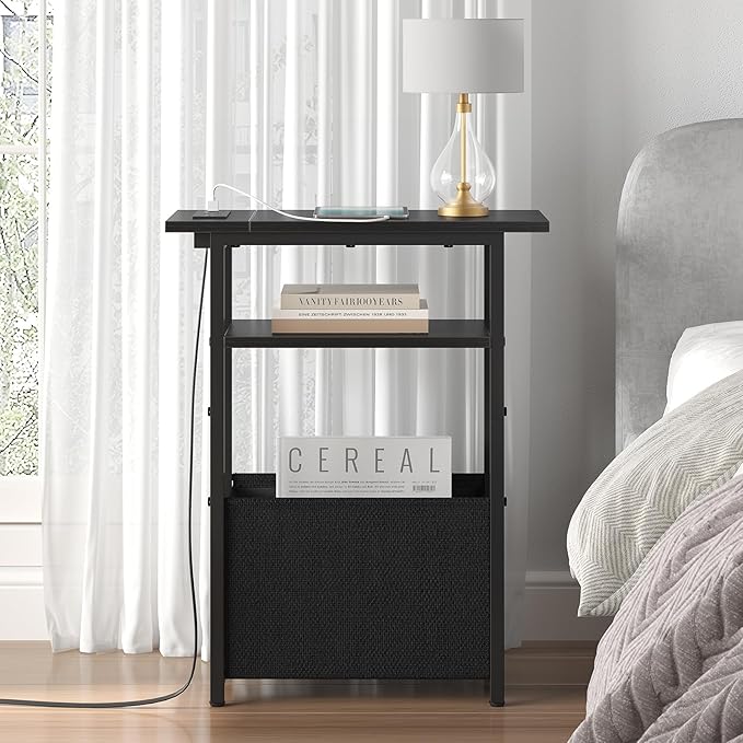 Narrow Side Table with Charging Station, Small End Table for Small Spaces, Skinny Nightstands with Storage Basket, 3 Tier Sofa Couch Bedside Tables for Living Room,Bedroom, Black
