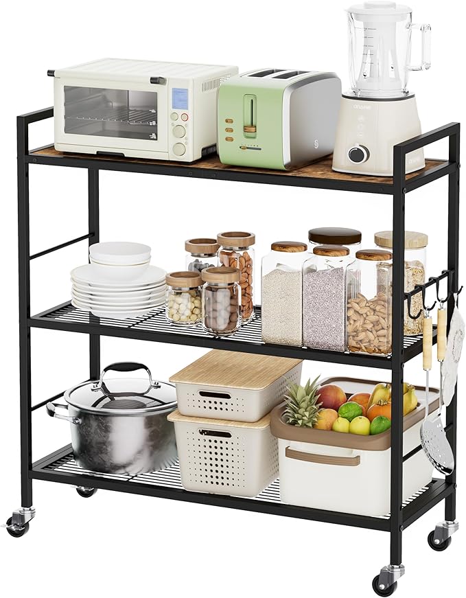 3-Tier Metal Storage Rack with Industrial Wheels,Mesh Shelving Unit with Wooden Table top,Adjustable Shelf,31.5-Inch Width, for Kitchen, Laundry,Pantry,Plant,Black