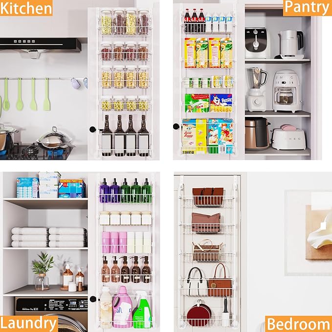 Over The Door Pantry Organizers, Pantry Door Organizer and Storage with Adjustable Baskets,Heavy-Duty Metal Spice Rack,Over The Door Organizers for Kitchen,Bathroom (White, 5tier)