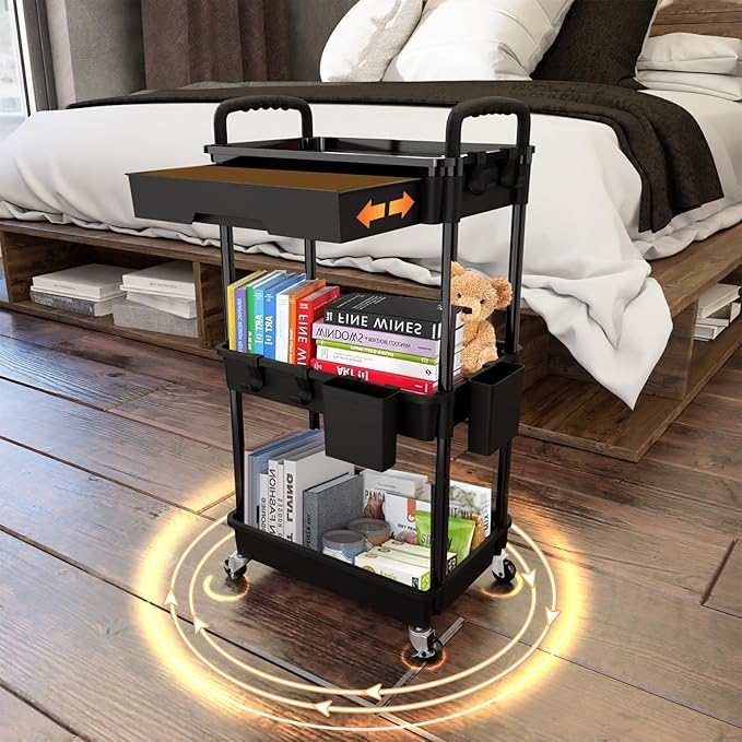 3 Tier Rolling Utility Cart with Drawer,REBECAT Utility Cart Made of Multifunctional Storage Organizer Tool for Kitchen,Bathroom,Living Room,Office(Black)-NeatNest