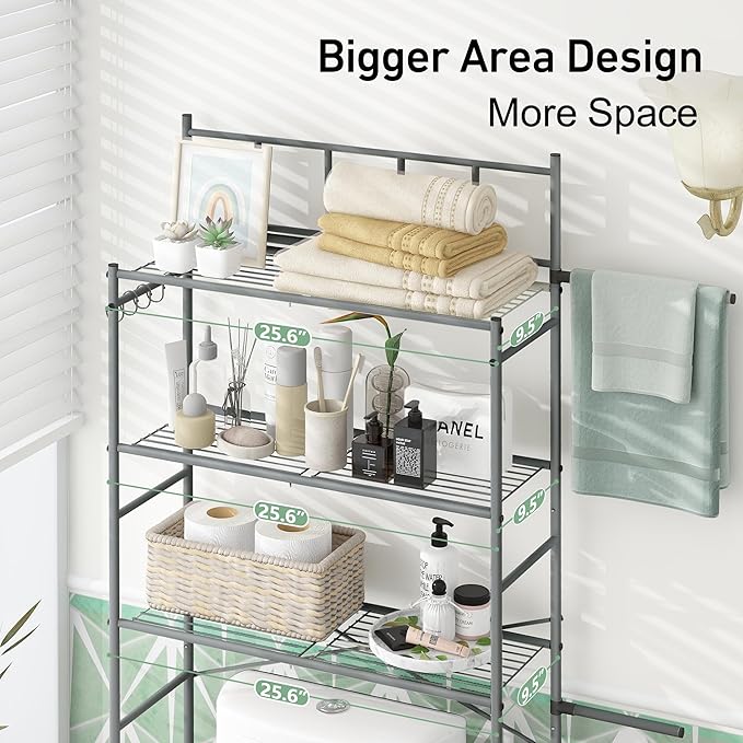 3-Tier Over The Toilet Storage Rack, Freestanding Bathroom Shelves Organizer with Hooks and Toilet Paper Holder, Space Saver Metal Shelf for Small Bathroom, Grey