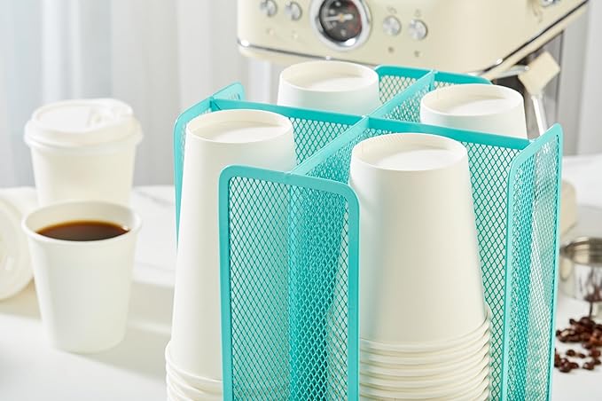 Annova Paper Cup and Lid Holder Plastic Cup Storage Organizer, 360°Rotating Coffee Cup Dispenser with 4 Compartments, Multifunctional Cup Storage Rack for Home, Office, Bar, Coffee Shop (Turquoise)-NeatNest