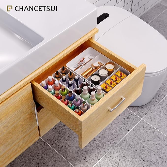Stackable Drawer Organizer, 3 PCS Versatile Bathroom and Vanity Drawer Organizers Trays Makeup Organization and Storage Set for Lipstick, Lip Gloss, Nail Polish, Cosmetics, Skincare, Jewelry, White-NeatNest