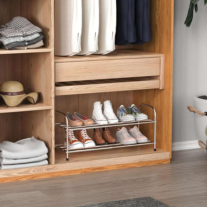 2 Tier Expandable Shoe Rack for Closet, Stainless Steel Shoe Shelf, Strong Weight Capacity Shoes Organizer, Easy to Install and Saving Space Standing Shelf with Sturdy Frame(2 Tier)-NeatNest