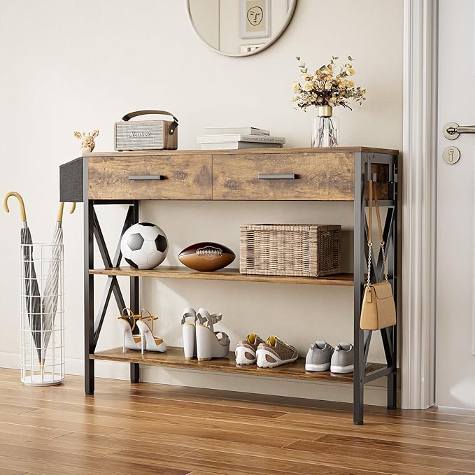 Gizoon 39" Entryway Table with 2 Drawers and 3 Tier Storage Shelves, Industrial Narrow Long Sofa Table, Farmhouse Style Console Table for Living Room, Hallway, Couch, Small Spaces - Rustic Brown-NeatNest