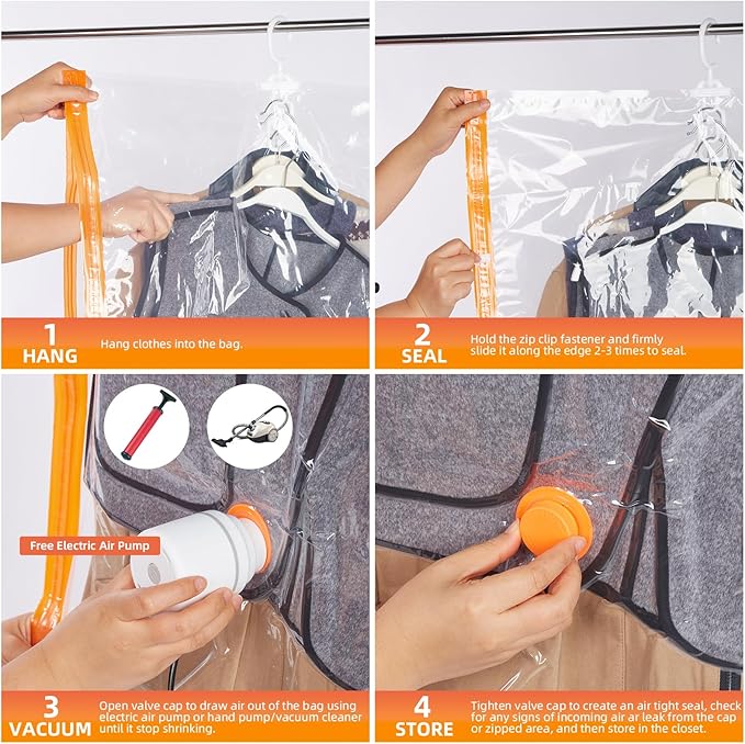 AGPTEK 6-Pack Hanging Vacuum Storage Bags for Clothes, Suits, Dresses & Jackets (3 Jumbo,3 Large) with Electric Pump - Space Saver Closet Organizer, Travel & Moving Supplies, Heavy Duty PA+PE-NeatNest