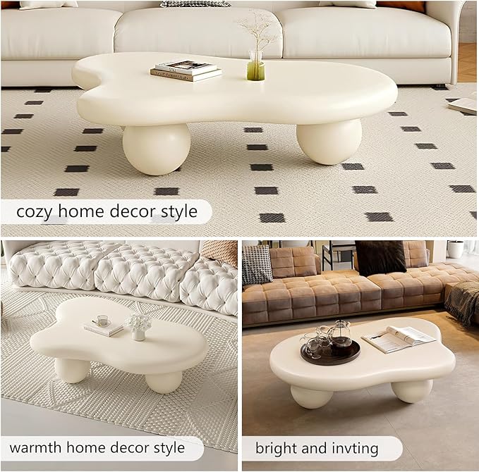 Cloud-Shape Cute Cream White Irregular Coffee Table with 3 Short Legs Modern Live Round Edge Coffee Table for Living Room Bedroom Easy Assembly,Cloud b White 47.2"-NeatNest