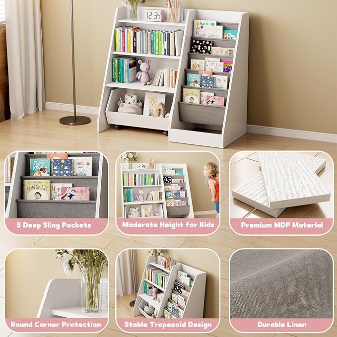 COZPAW Kids Bookshelf and Toy Storage, 4 Tier Toddler Bookshelf with Movable Drawer 5 Sling Pockets, Montessori Book Shelf for Kids Room, Playroom, Nursery (White)-NeatNest