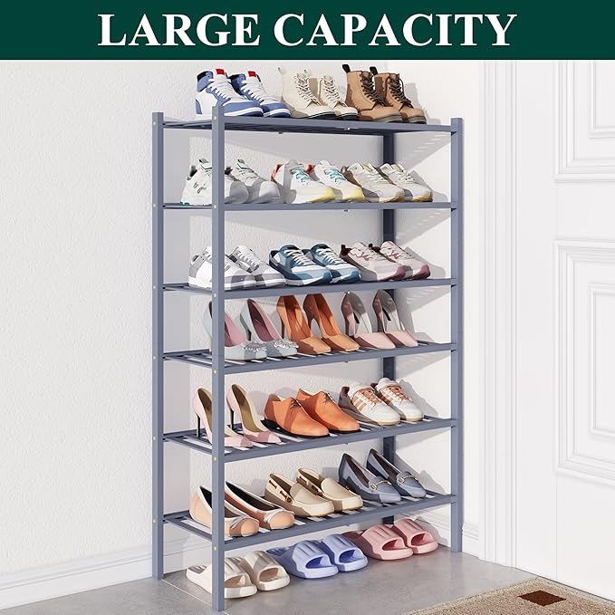 Smiry Bamboo Shoe Rack for Closet, 6 Tier Wooden Stackable Shoe Organizer, Free Standing Shoes Storage Shelf for Entryway, Front Door Entrance, Grey-NeatNest