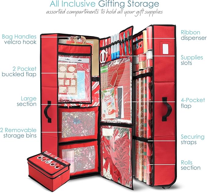 Hearth & Harbor Wrapping Paper Storage Container with Ribbon Dispenser and Interior Pockets - Large Christmas Storage Containers with Wheels, Fits 30 Rolls of 40" Length, Red-NeatNest