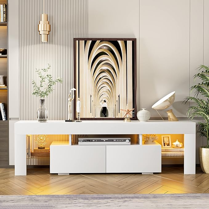 JUMMICO TV Stand, Modern Lighting TV Cabinet Entertainment Center Media and Open Shelf, TV Console Table with 1 Drawer and Remote Control, 20 Color LED Lights up to 70 Inch TV (White)-NeatNest