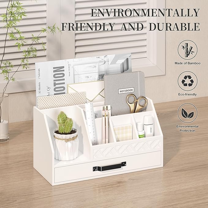 Bamboo Desk Organizer with Drawers, Mail Organizer Countertop Wood Desk Drawer Tabletop Storage Organization Pen Holder Letter Sorter Makeup Organizer for School Home Office (White)-NeatNest