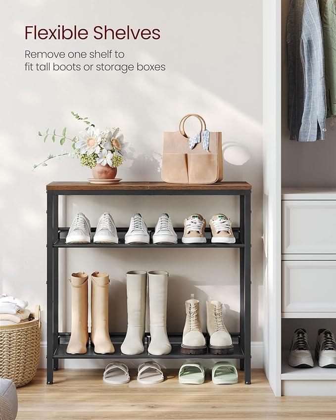 VASAGLE Shoe Rack for Entryway, 4-Tier Shoe Rack Organizer with Storage Shelves and Spacious Top, Freestanding, Adjustable, Industrial, Rustic Brown and Ink Black ULBS040B01-NeatNest