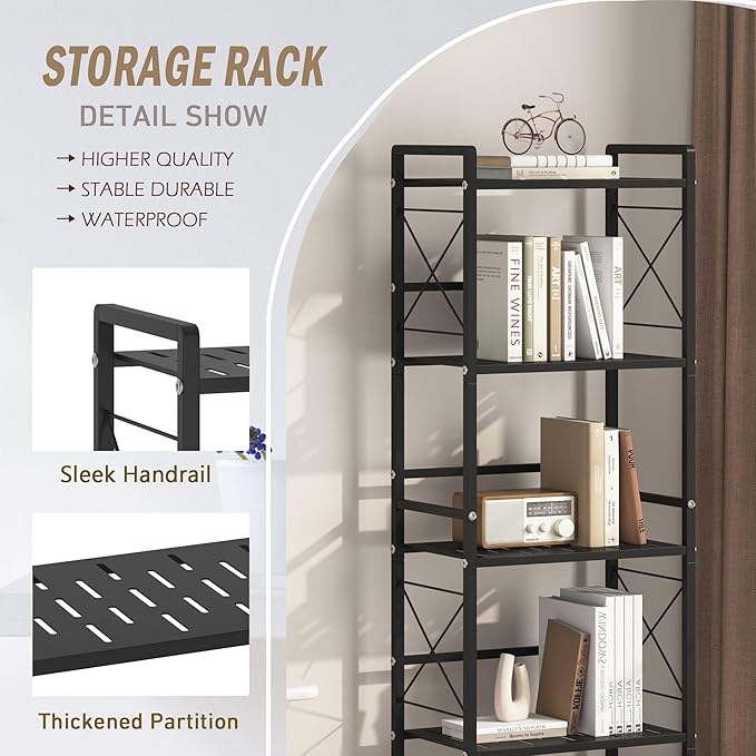 JSB 4 Tier Metal Bookshelf Bathroom Storage Standing Shelf Unit Kitchen Storage Organizer Display Rack Bookcases Shelves for Living Room, Bedroom, Office (Widen Black, 4 Tier)