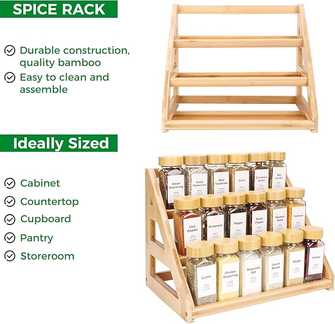 3-Tier Natural Bamboo Spice Rack Organizer - for Kitchen Cabinets, Countertops & Pantries - Space-Saving Tiered Shelf Seasoning rack-NeatNest