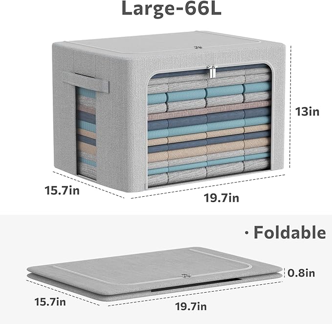 3Pack Foldable Storage Bins - Frame Storage Box Linen Fabric Stackable Clothes Container Organizer with Clear Window & Carry Handles Large Capacity (Large-66L, Light Grey)-NeatNest