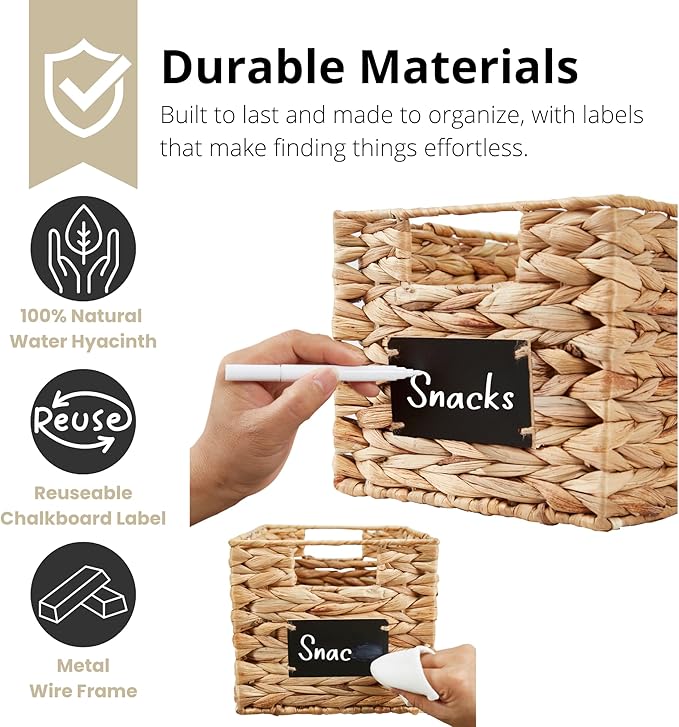 DECOMOMO Wicker Storage Baskets, Handwoven Pantry Baskets, Water Hyacinth Storage Baskets w/Chalkboard and Marker (Natural, Set of 2)-NeatNest