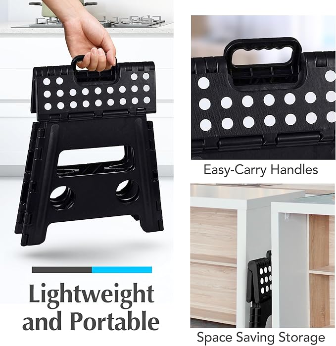 Handy Laundry Folding Lightweight Step Stool - Sturdy Enough to Support Adults and Safe Enough for Kids - Opens Easy with One Flip - Great for Kitchen, Bathroom or Bedroom (Black- 13 inch)