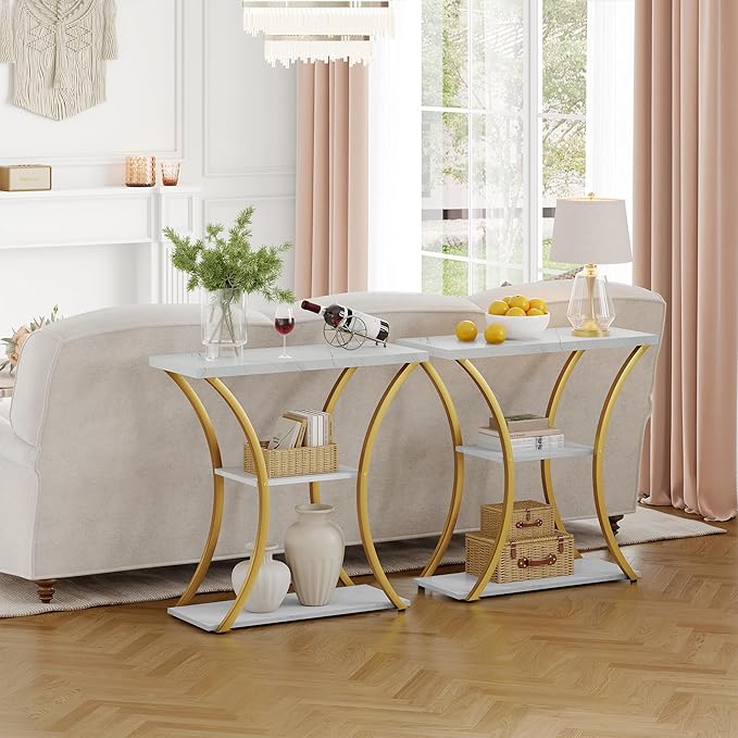 Hoctieon 3 Tier Console Table with Open Wood Shelves, Decorative Entryway Table with Curved Metal Frames, Narrow Sofa Table for Entrance, Living Room, Hallway, Gold and White Marbled-NeatNest