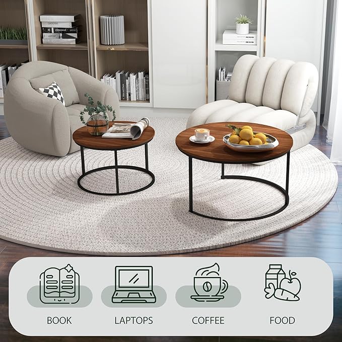 31.5" Nesting Coffee Table Set of 2, Round Nesting Coffee Table with Wood Grain Top, End Tables with Metal Frame for Living Room, Bedroom, Brown