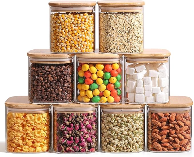 ComSaf 0.7 Qt Glass Food Storage Jars Set of 9, Clear Glass Storage Containers with Lids, Pantry Organization Jar, Spice, Blooming Tea, Oat, Coffee and Sugar Container, Small Canister Set for Kitchen-NeatNest