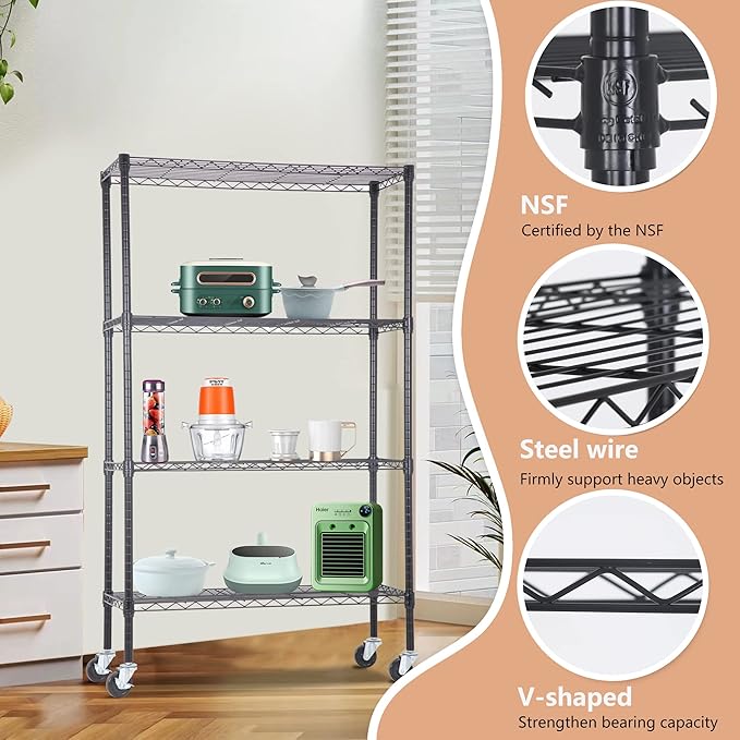 4-Tier Adjustable NSF-Certified Metal Shelf 36L x 14W x 62H Wire Shelving Unit Storage with Wheel for Small Places Restaurant Garage Pantry Kitchen Garage Rack,Black-NeatNest