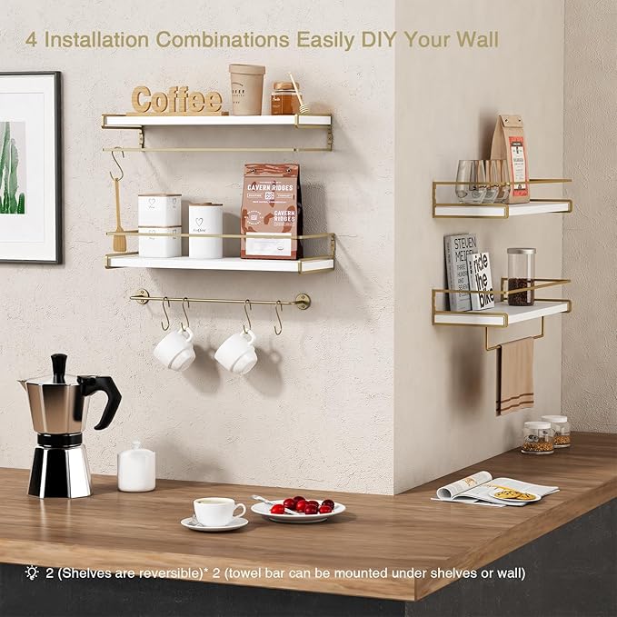 Forbena Floating Bathroom Shelves Wall Mounted, Aesthetic White and Gold Shelves for Bathroom Accessories, Modern Bathroom Organizer with Tower Bar for Wall Decor Storage Small Spaces, Set of 2-NeatNest