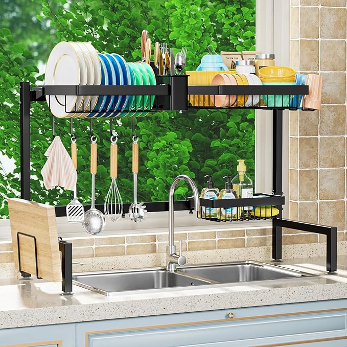 YKLSLH Over The Sink Dish Drying Rack 2 Tiers, for All Sinks (24.8"-35.4"),Expandable Large Capacity Sink Rack, Metal Drying Rack for Kitchen and Family Use