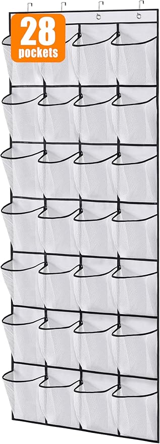 MISSLO 28 Large Pockets Over The Door Shoe Rack Hanging Shoe Organizer for Closet Door Shoe Storage Holder Mesh Hanger, White-NeatNest