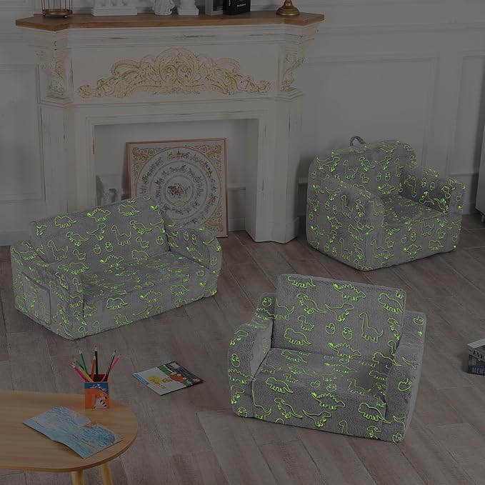 Dinosaur Glow in The Dark Toddler Couch, 2-in-1 Toddler Soft Couch Fold Out with Star Pillow, Convertible Sofa to Lounger for Girls and Boys, 1-Seat-NeatNest