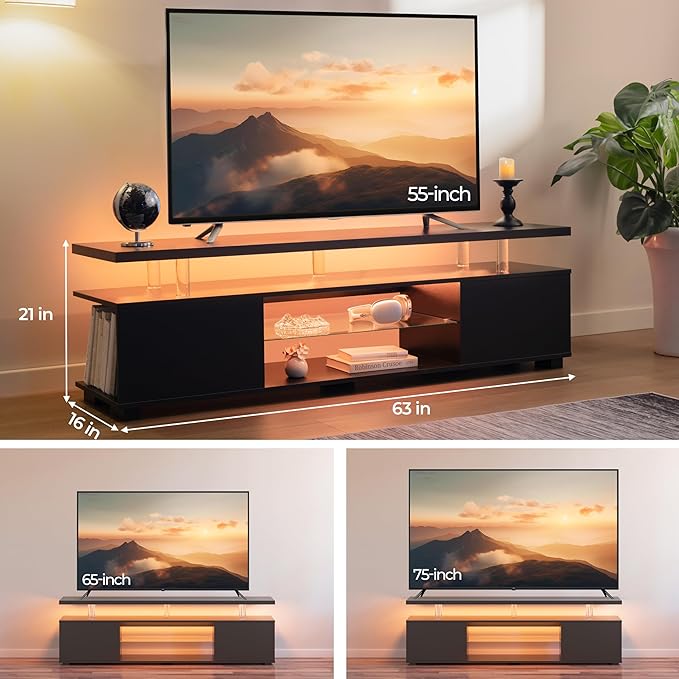 Black TV Stand,Glass TV Stands for Living Room,TV Stand for 75+ inch TV,Long TV Cabinet for Living Room,Bedroom,Home Office-NeatNest