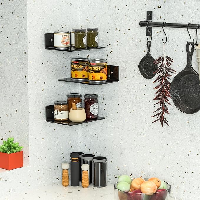 9 Inch Black Wall Shelves 4 Pack, Acrylic Wall Mounting Ledges Display, Acrylic Display Wall Shelf for Funko Pop Figures, Collectibles, Plants, Décor, Toiletries, Spices Jars, 4 Pack-NeatNest