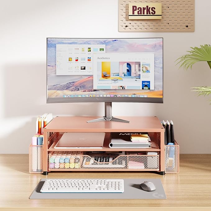 Desk Organizers and Accessories, 2-Tier Computer Monitor Stand Riser with Drawer and 2 Pen Holders, Laptop Stand, Office Desk Accessories for Office Supplies, Rose Gold