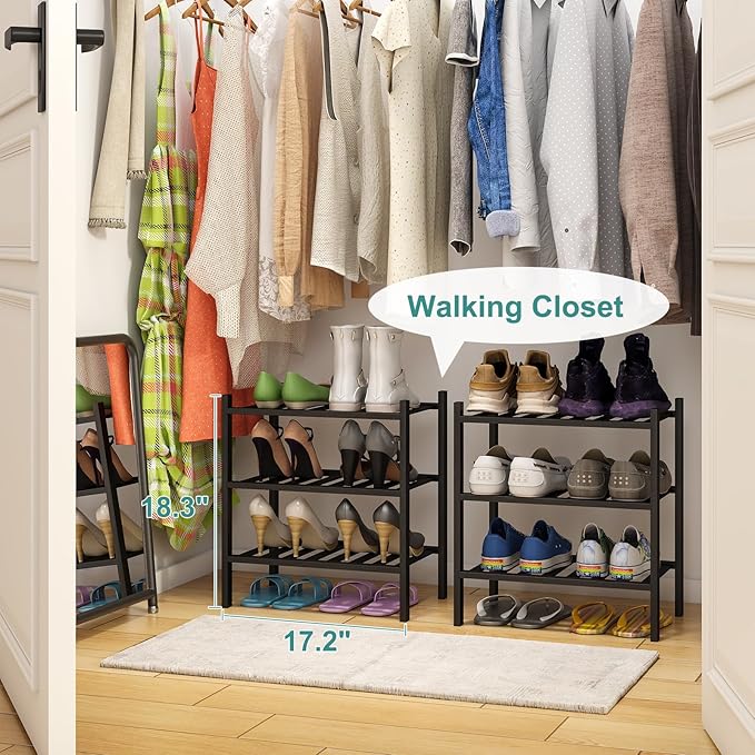 Small Shoe Rack for Entryway,3-Tier Black Bamboo Shoe Organizer for Hallway Closet, Free Standing Shoe Racks for Indoor Outdoor-NeatNest
