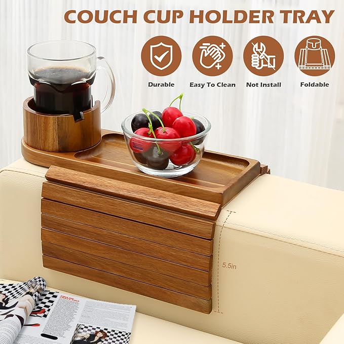 Couch Cup Holder Tray, 15.75" Acacia Wood Couch Armrest Table, 3 in 1 Foldable Sofa Clip on Side Table with 360° Phone Stand, Armrest Tray for Coffee Snacks-NeatNest