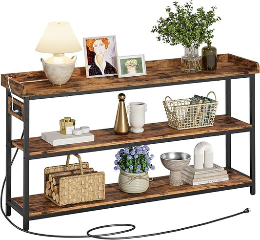 IRONCK Console Table, Sofa Table with Power Outlet, Farmhouse Hallway Table for Entryway, Living Room, Height Adjustable, Easy Assembly, Rustic Brown,55"-NeatNest